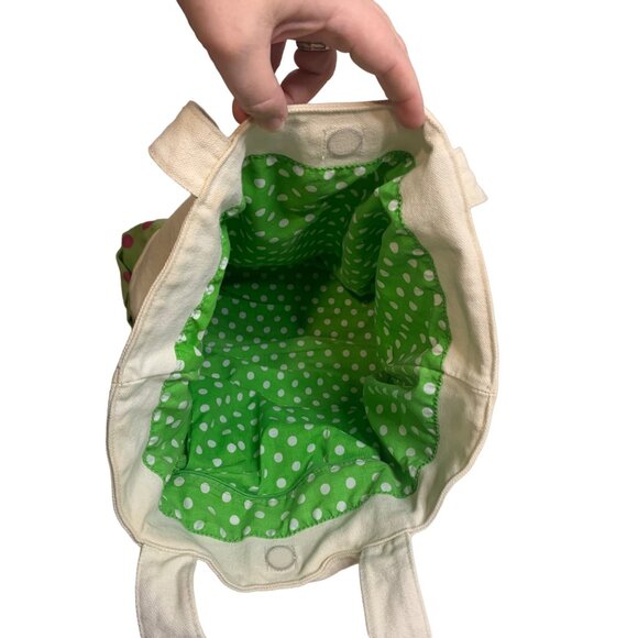 Embroidered Palm Tree Crescent Canvas Tote Bag Green Polka Dot Lining & Handles - Picture 3 of 6